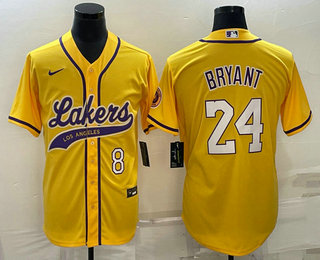Mens Los Angeles Lakers #8 #24 Kobe Bryant Yellow With Patch Cool Base Stitched Baseball Jersey